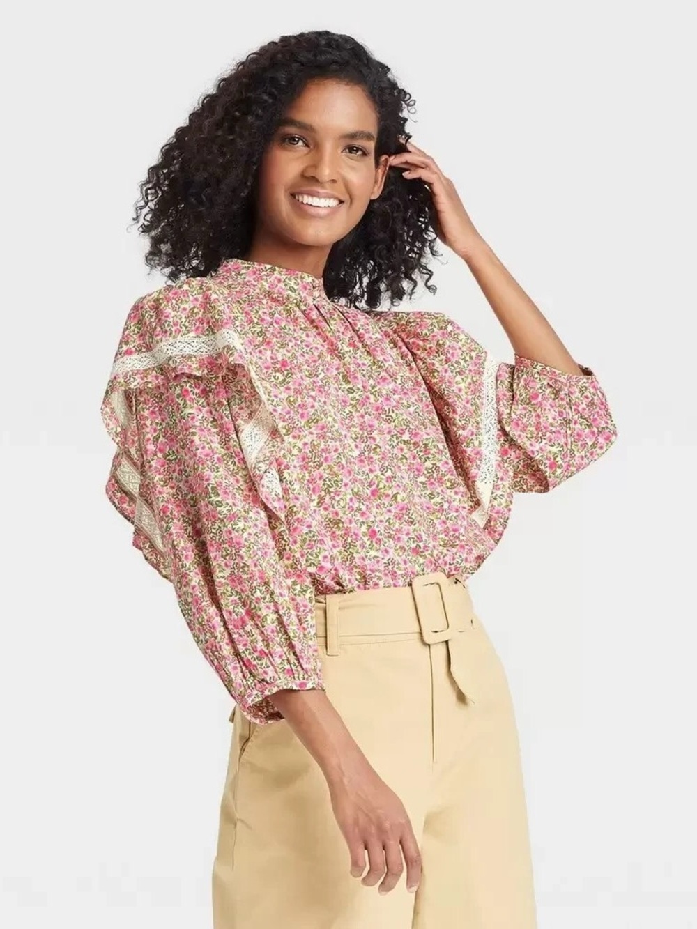 Who What Wear Pink Floral Ruffle High-Neck Blouse
